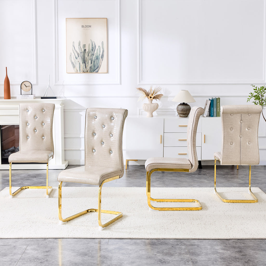 Set of 4 Retro Alligator Skin Dining Chairs, Beige Faux Leather with Crystal Buckles