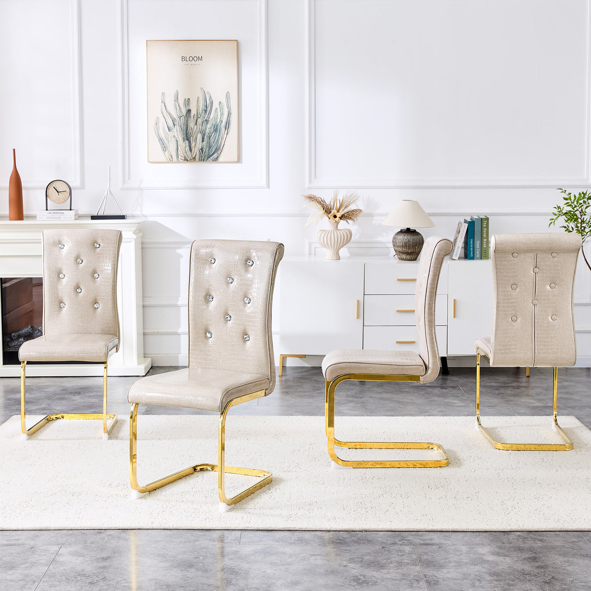 Set of 4 Retro Alligator Skin Dining Chairs, Beige Faux Leather with Crystal Buckles