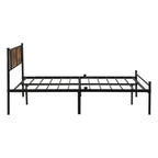 Queen Size Metal Bed Frame with Wood Panel Decoration