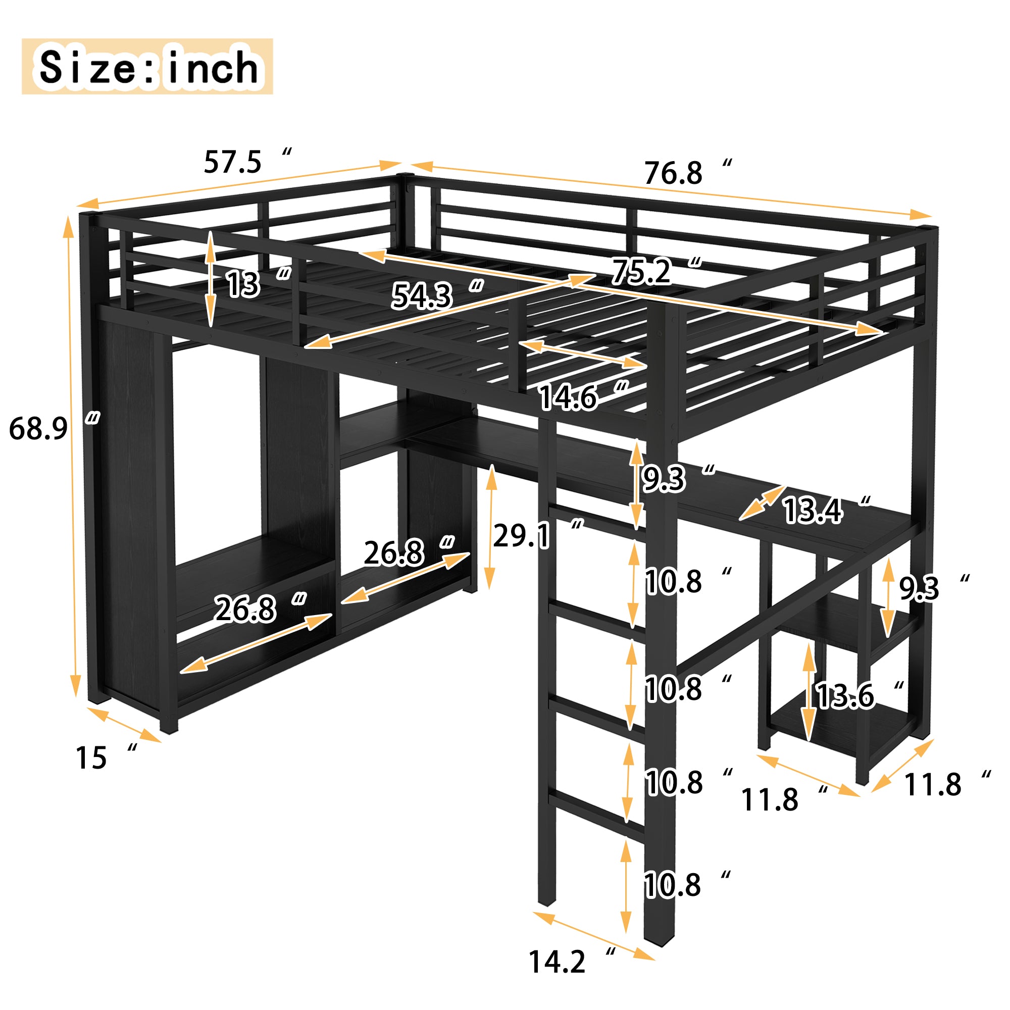 Full Size Loft Bed Frame with Built-in Wardrobe