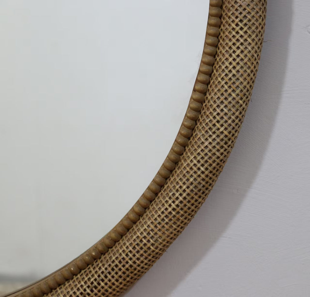 31.9" Woven Rattan Decorative Round Mirror with Wrapped Accents