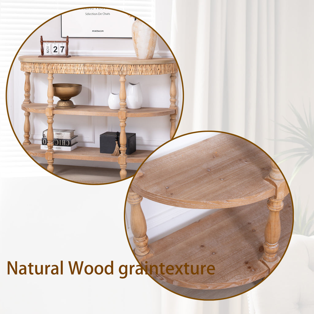 Handcrafted Wood Console Table with Hand-Woven Trim