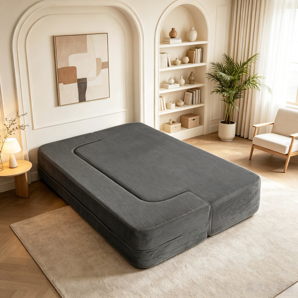 Modern Corduroy Floor Convertible Sofa Bed Folding Sleeper Couch with High-Density Foam Mattress No Assembly Require for Living Room & Small Apartments