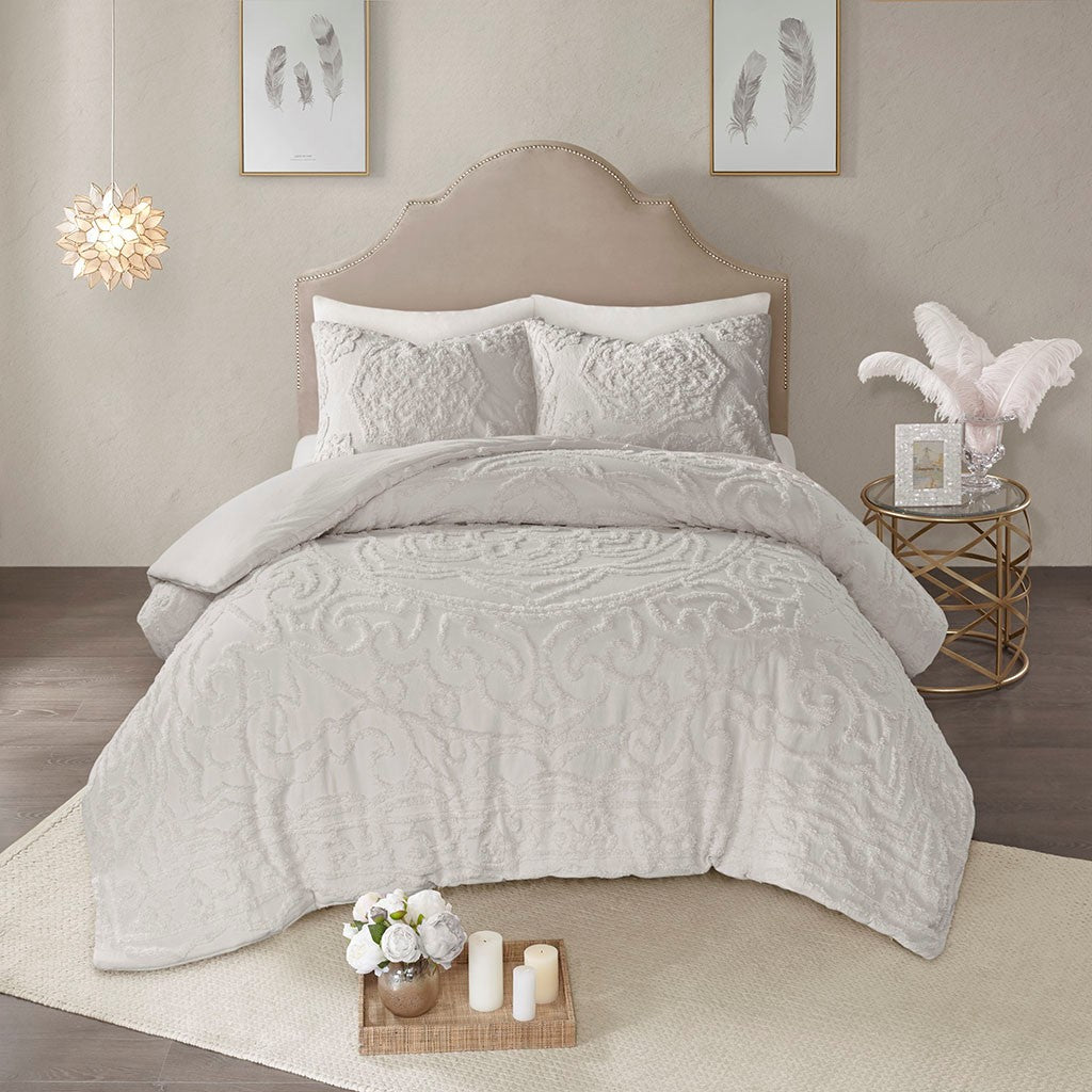 King/Cal King 3-Piece Tufted Cotton Chenille Medallion Duvet Cover Set