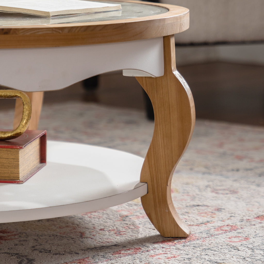 31.5-Inch Round Coffee Table with Open Storage, Solid Wood, Farmhouse Style, Antique White