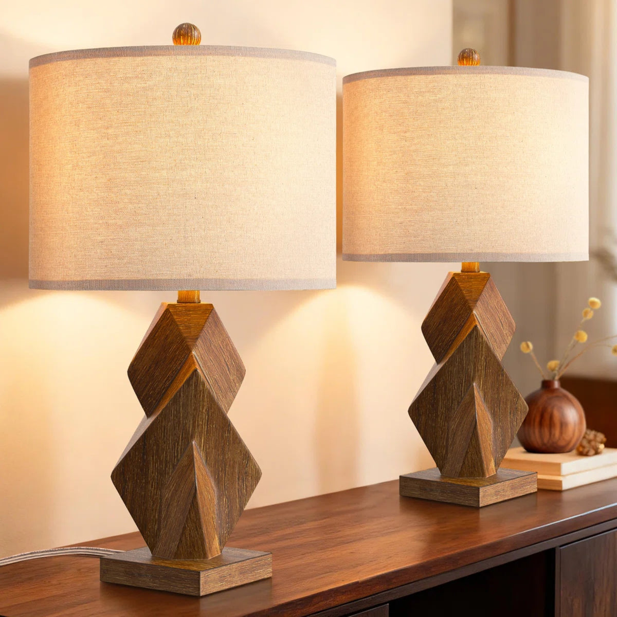 Farmhouse Table Lamps Set of 2, 24.5-Inch, Wood Grain Resin, USB Charging Ports