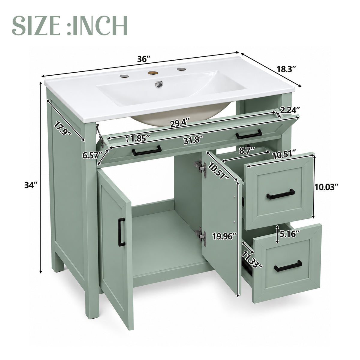 36-Inch Bathroom Vanity with Ceramic Sink, Soft-Close Doors, Sage Green