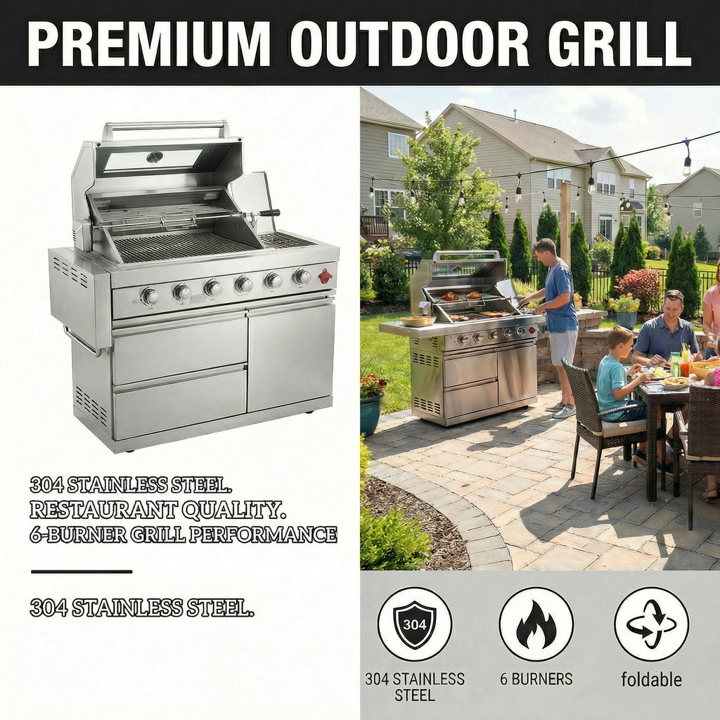 75300 BTU 6 Burners Deluxe Stainless Steel Gas Outdoor Kitchen Barbecue Island Grill
