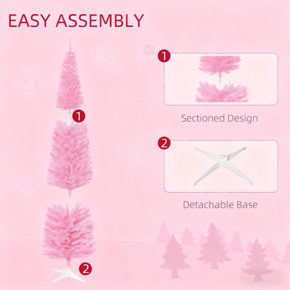 Slim Xmas Tree Artificial Pencil Christmas Tree, 7-Foot, Pink, with Plastic Stand