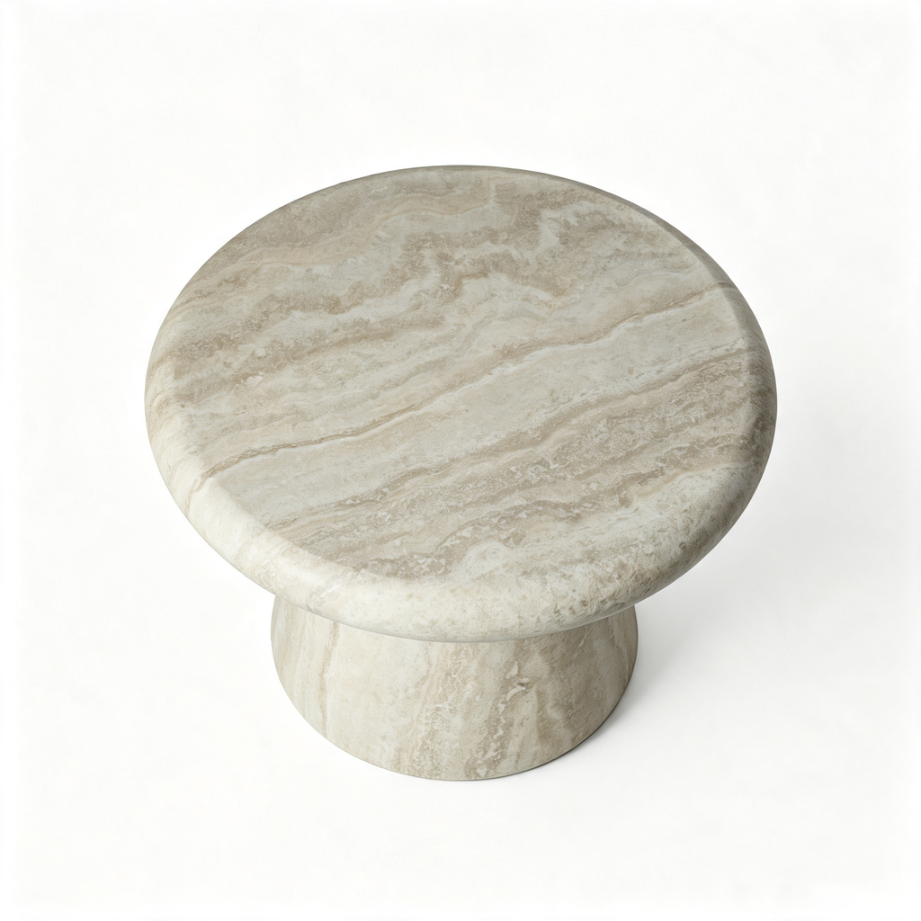 Round Fiberglass Travertine Print Coffee Table, 21.65-Inch, Low Profile