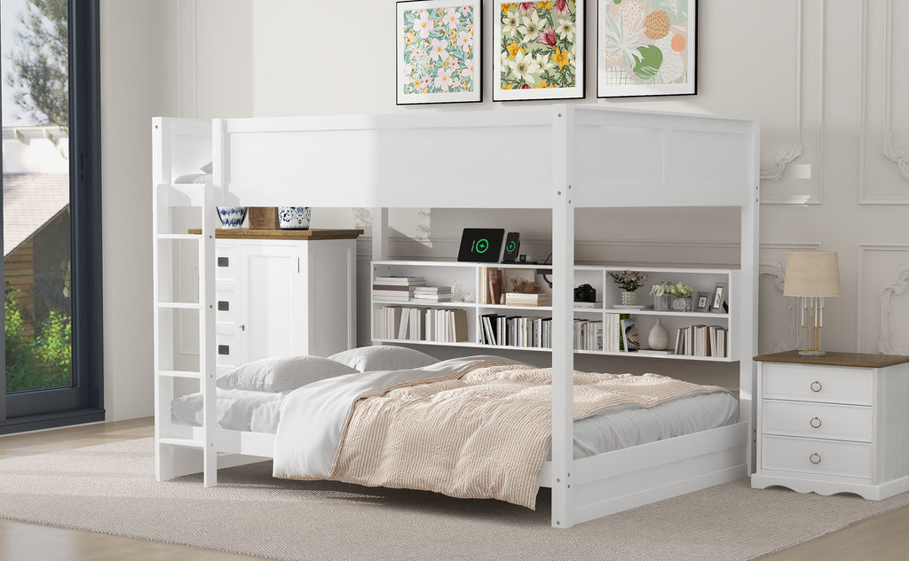Queen Over Queen Bunk Bed with Storage Cabinets and USB Ports