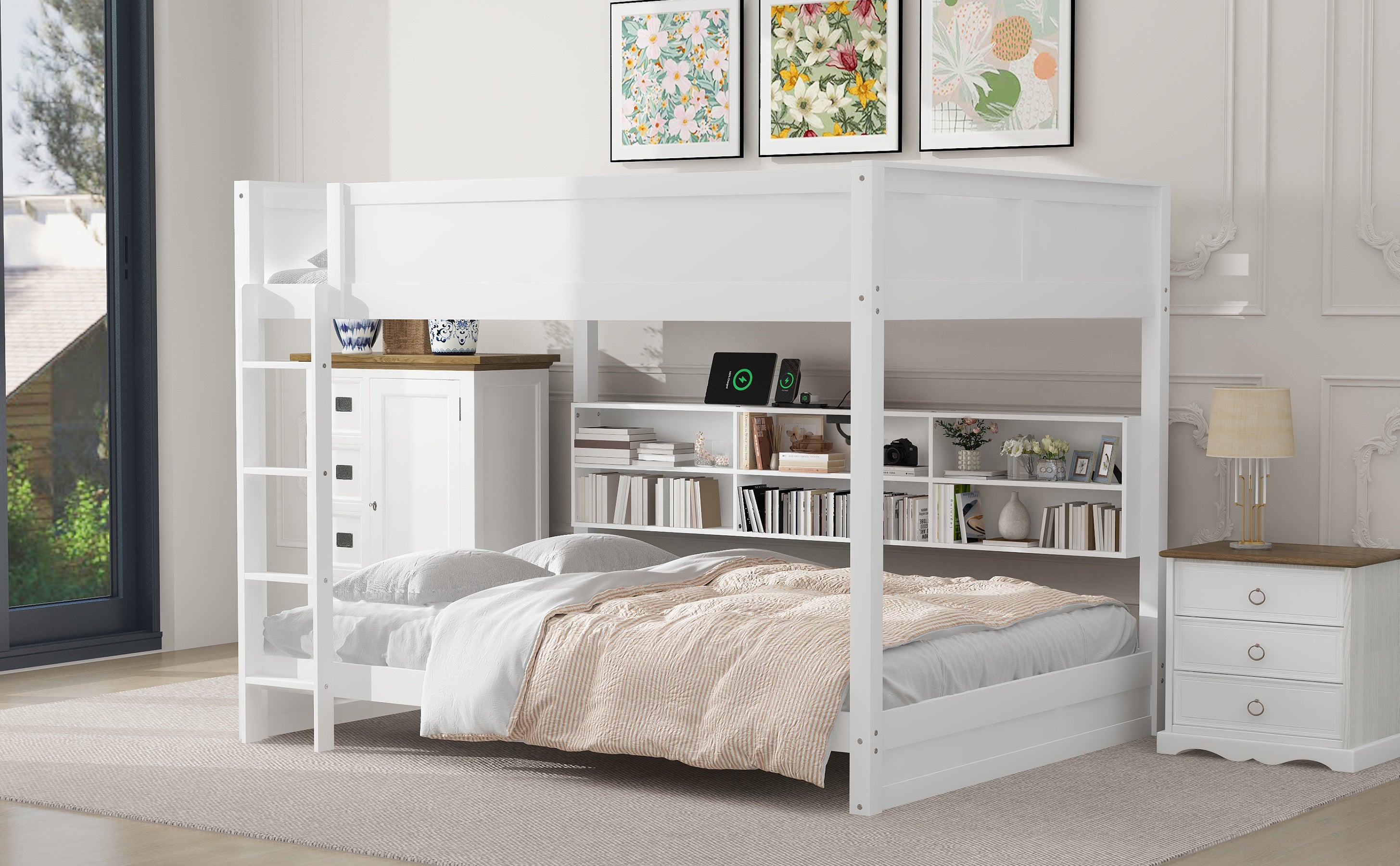 Queen Over Queen Bunk Bed with Storage Cabinets and USB Ports