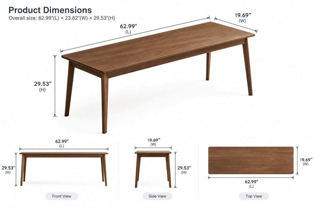 Mid-Century Long Desk Table, 63-Inch, Walnut Wood and MDF