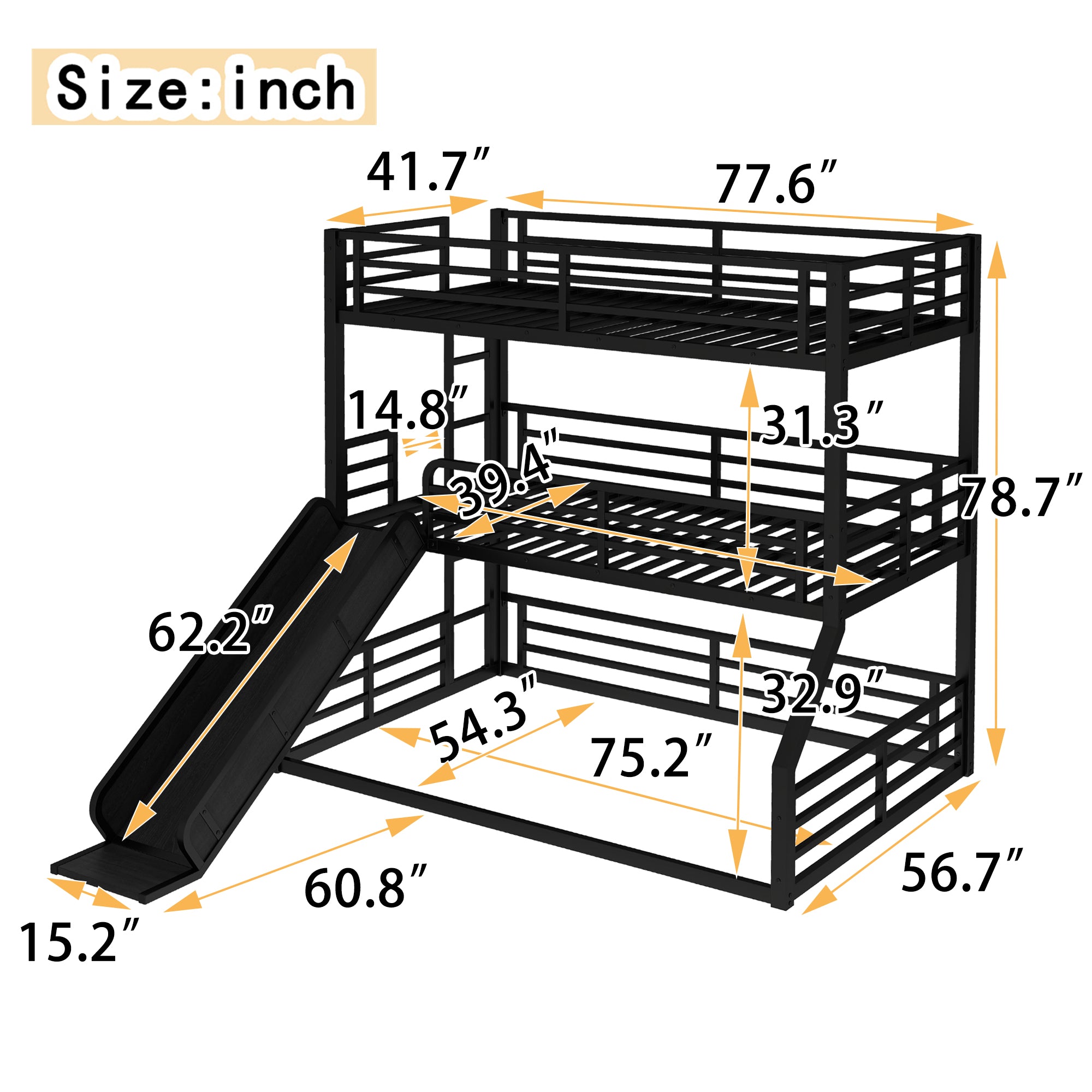 Metal Triple Bunk Bed with Slide