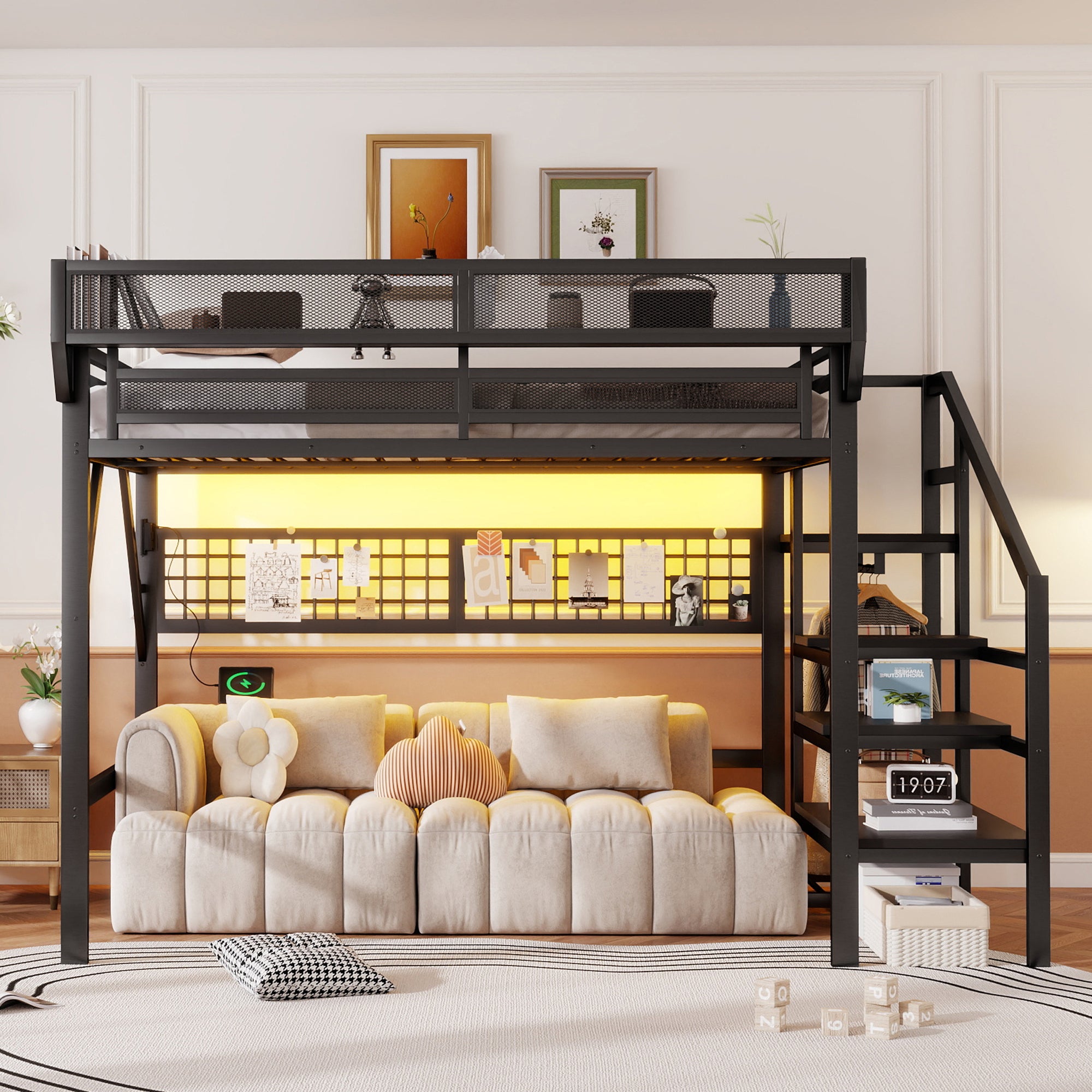 Queen Size Loft Bed with Stairs, Light, and Storage