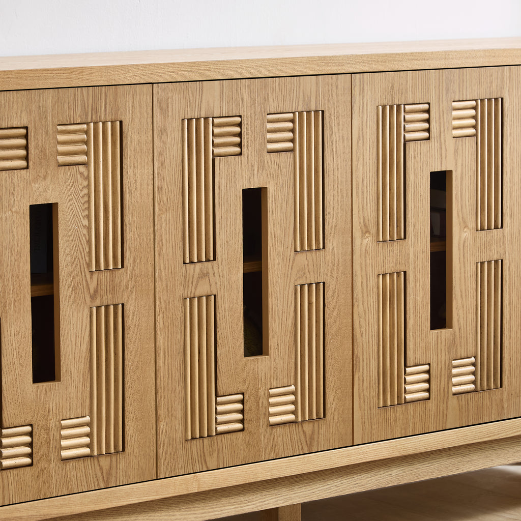 Mid Century Modern Sideboard Buffet Cabinet, 60.7-Inch, 4 Doors with Carved Design, Natural Wood
