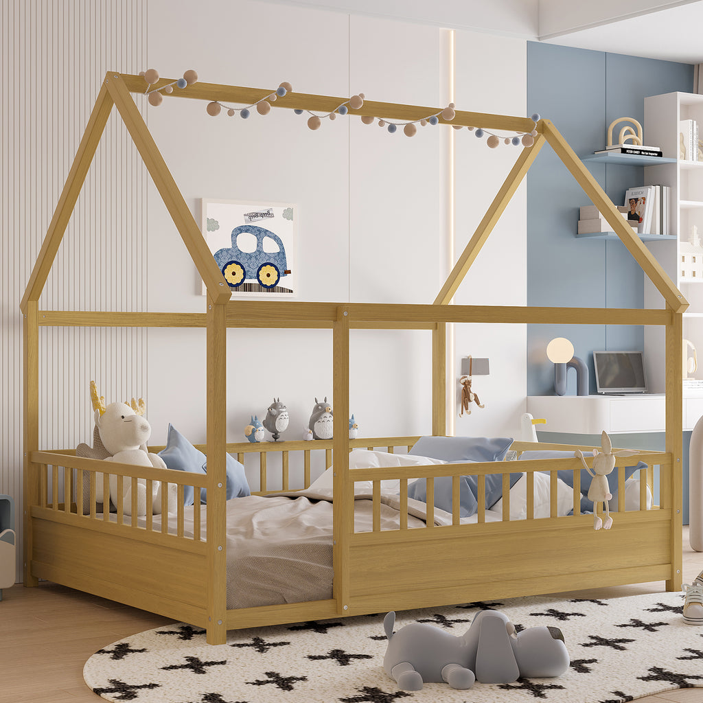 Full Size Floor Wooden Bed with House Roof Frame