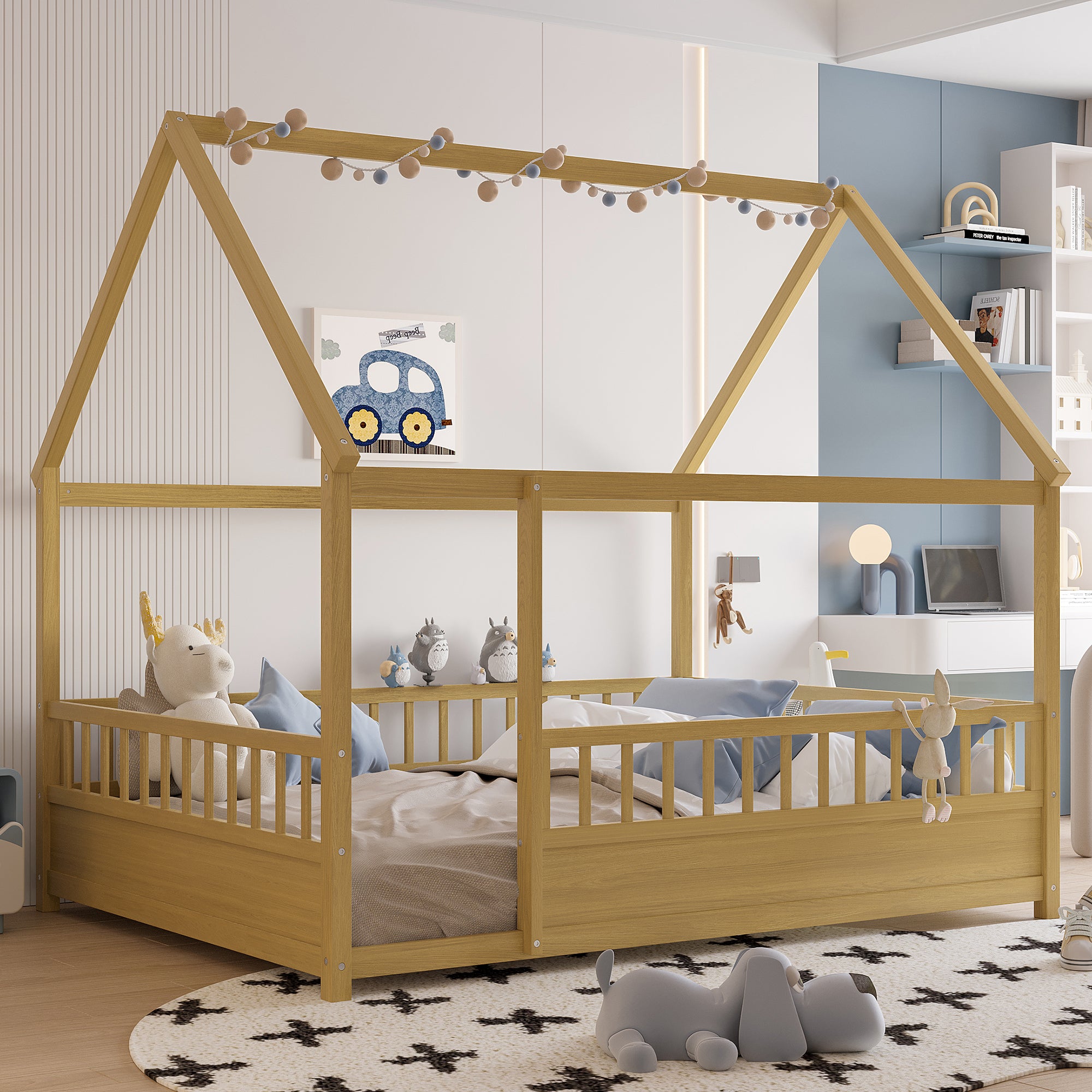 Full Size Floor Wooden Bed with House Roof Frame