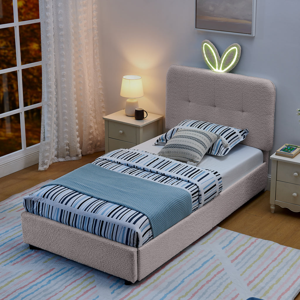 Twin Size Kids Upholstered Bed with Oversized Rabbit Ear Headboard