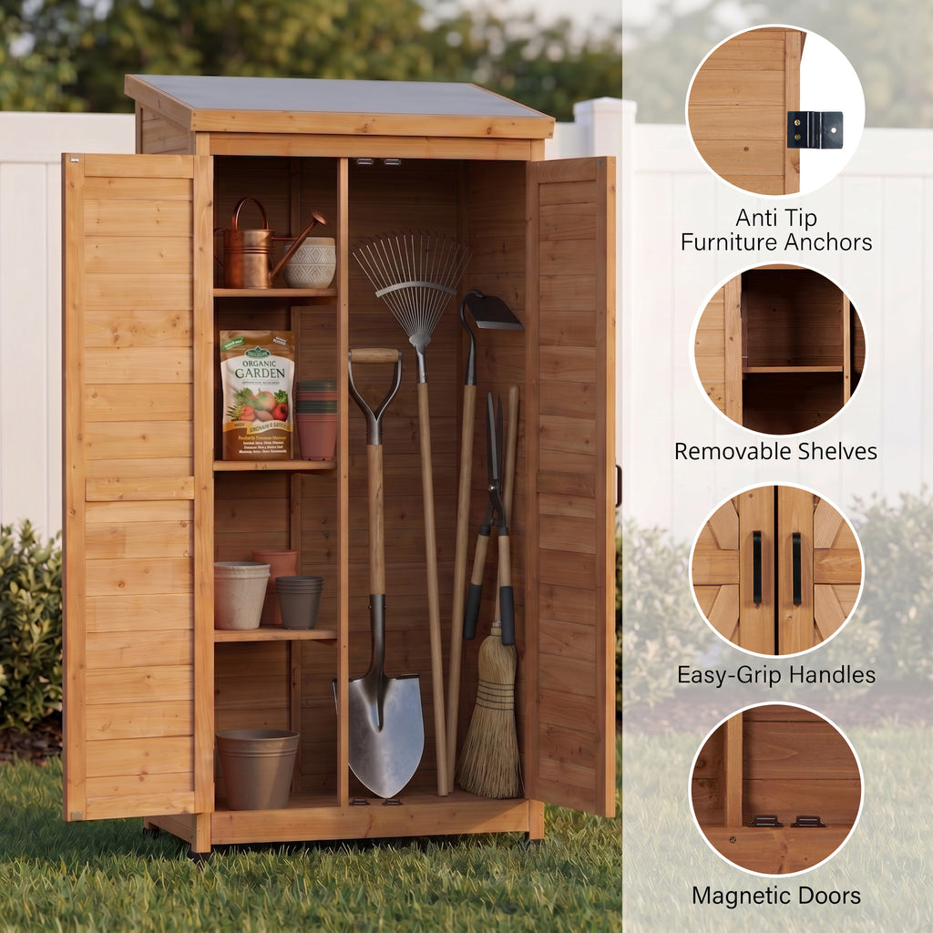 Outdoor Wooden Storage Shed with Metal Top Tall Vertical Tool Cabinet