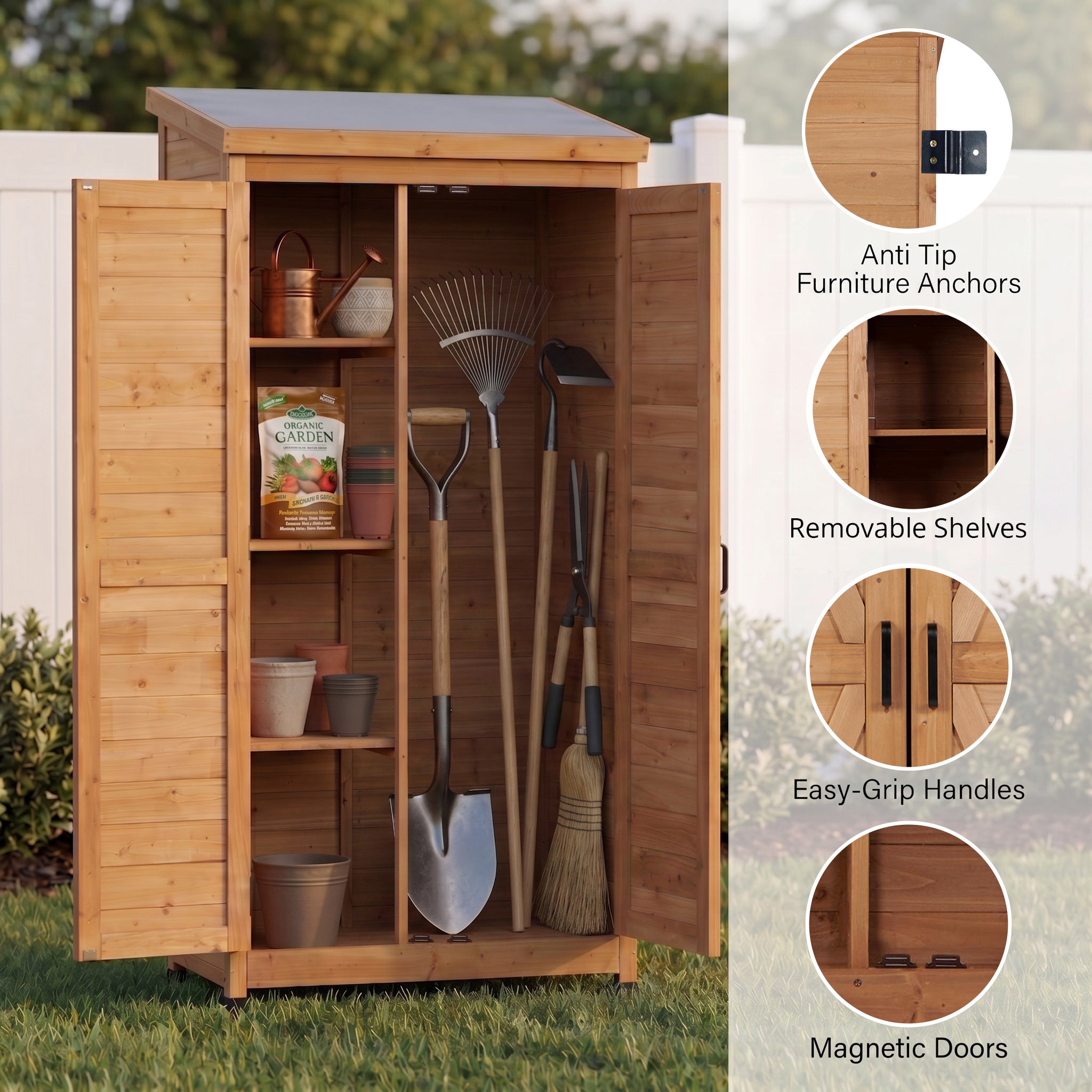 Outdoor Wooden Storage Shed with Metal Top Tall Vertical Tool Cabinet