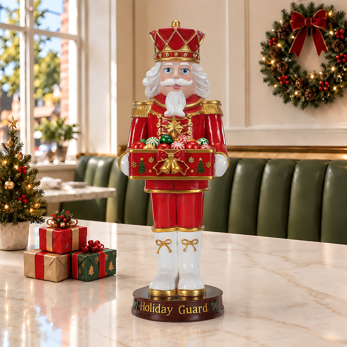 Christmas Nutcracker Soldier Statue with Serving Tray, Red and White