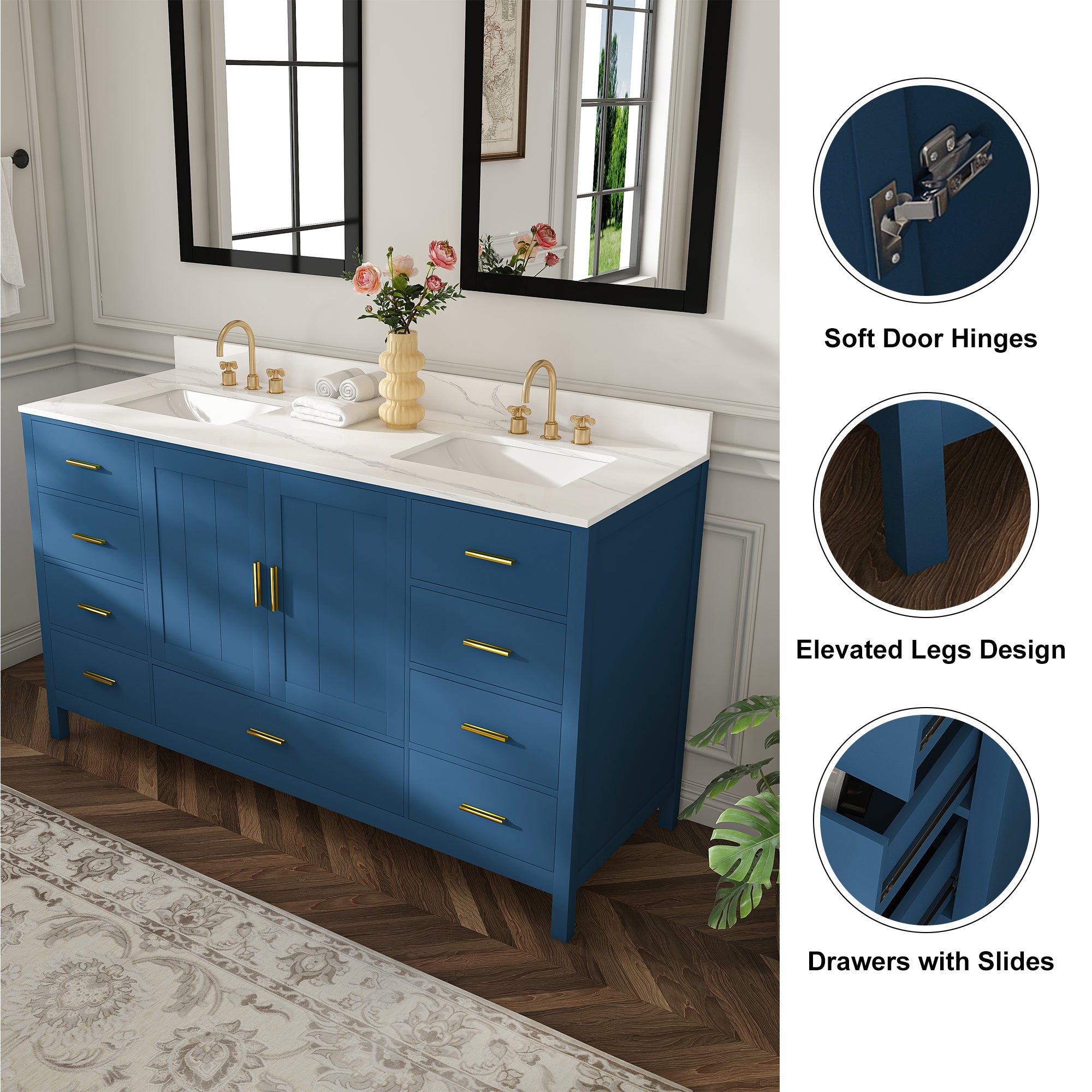 60" Solid Wood Bathroom Vanity with 2 Sinks