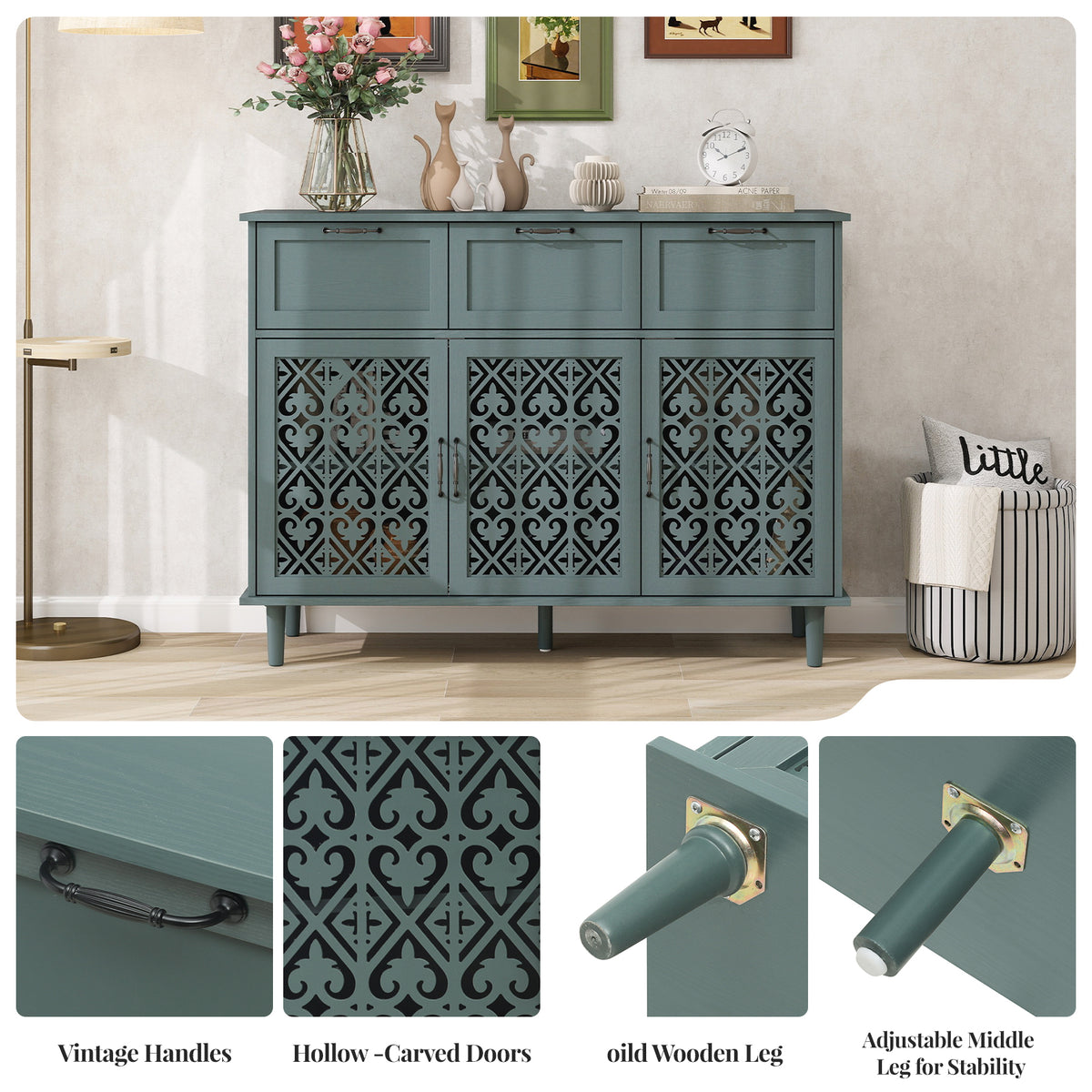 3 Door 3 Drawer Cabinet, Dark Green, 47-Inch Wide