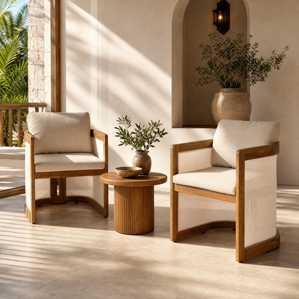 Set of 2 Outdoor Patio Dining Armchairs, Acacia Wood Frame with Textilene Side Panels, Patio Chairs with