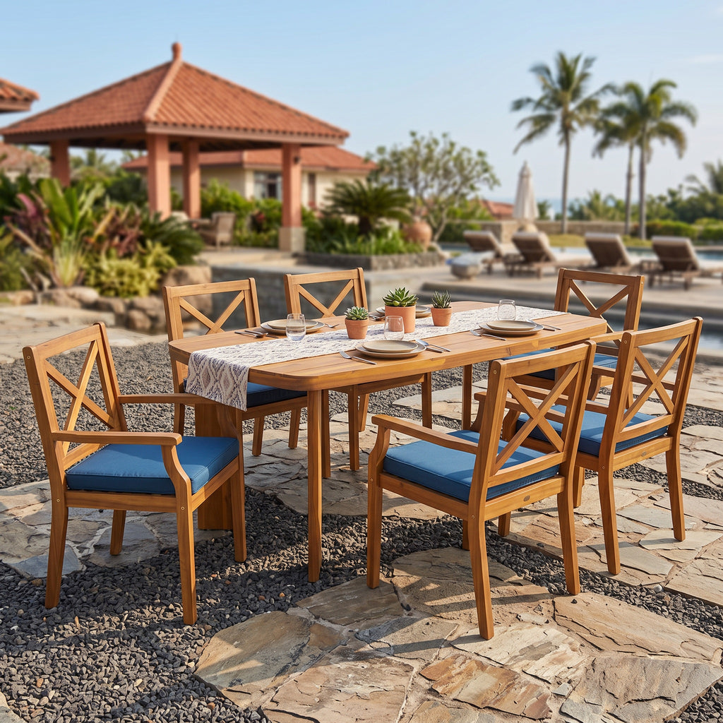 7-Piece Acacia Wood Outdoor Dining Set, 71" Oval Table with 6 Arm Chairs, Blue