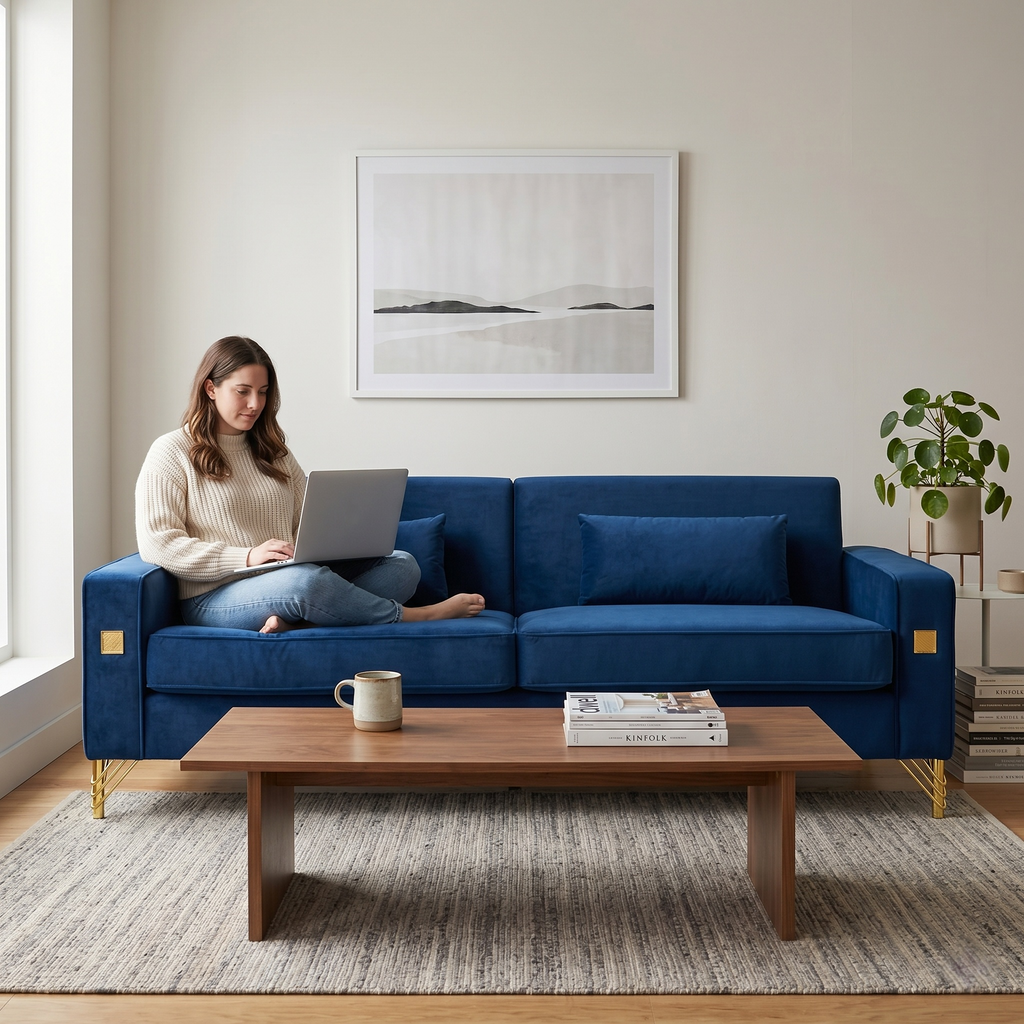 Luxury Velvet Sofa with Gold Metal Accents