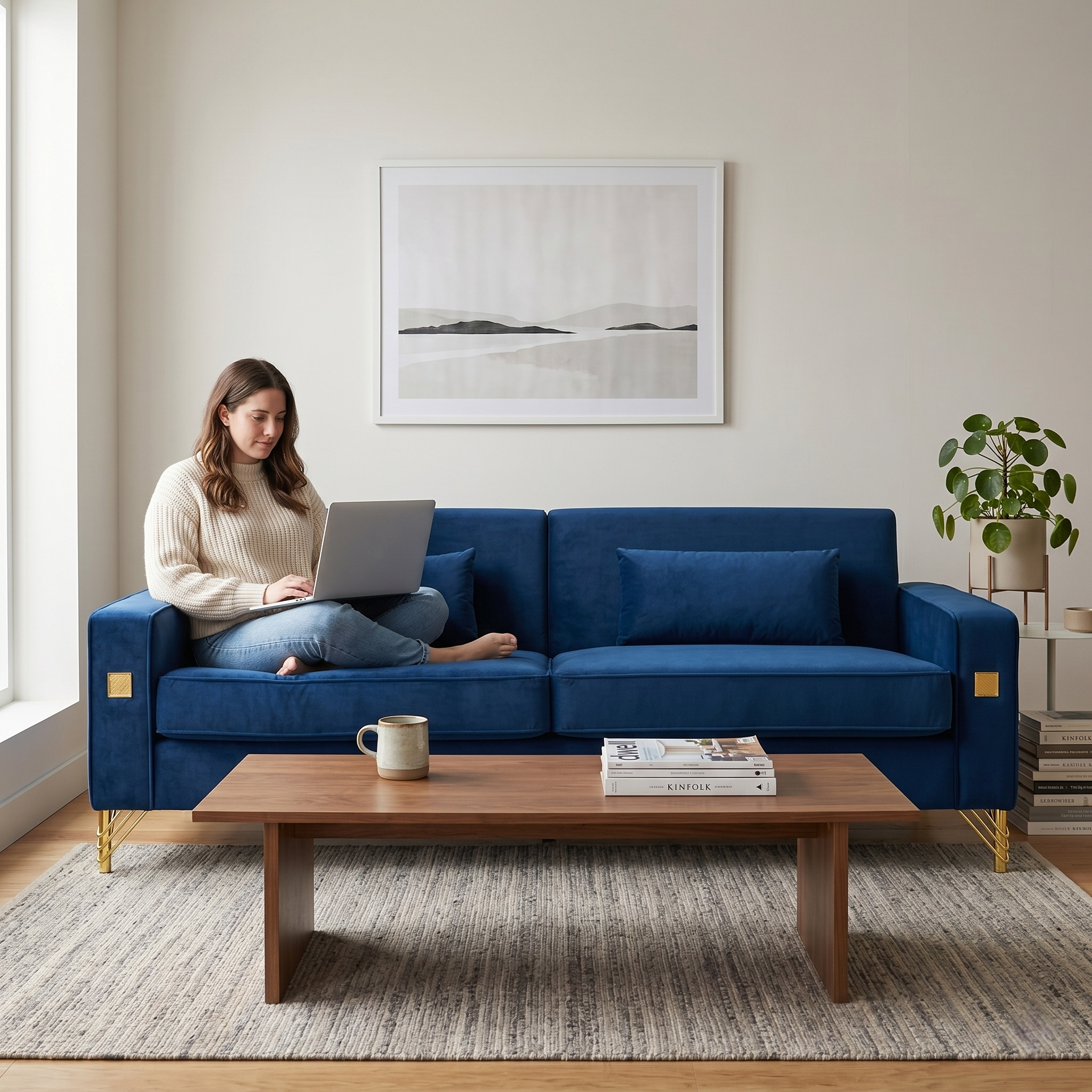 Luxury Velvet Sofa with Gold Metal Accents