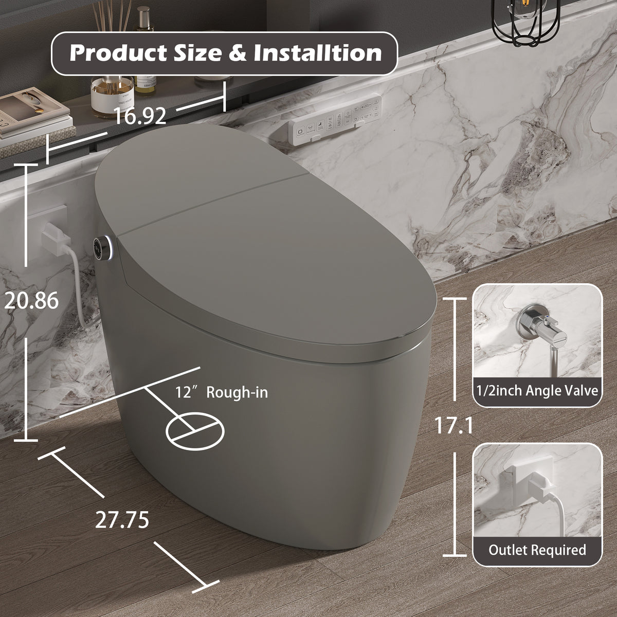 Smart Toilet with Bidet Built in, ADA One-Piece Toilet Auto Open/Close,Bidet Toilet with Heated Seat, Foot Kick,Warm Water & Dryer, Night Light, Auto Flushing, 12" Rough-in (Grey)
