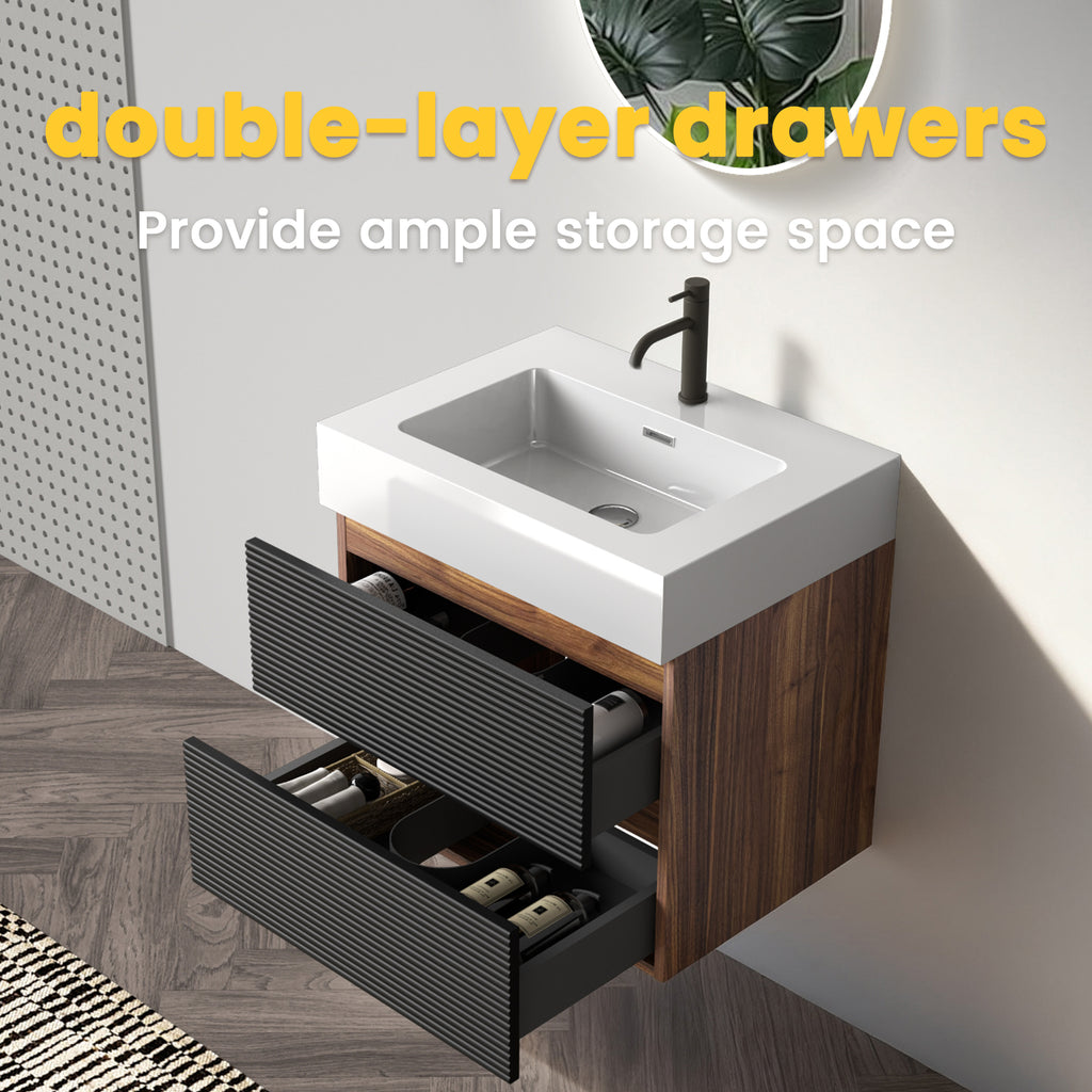 Grace 24-Inch Wall-Mounted Bathroom Vanity with Solid Surface Sink, Walnut and Black
