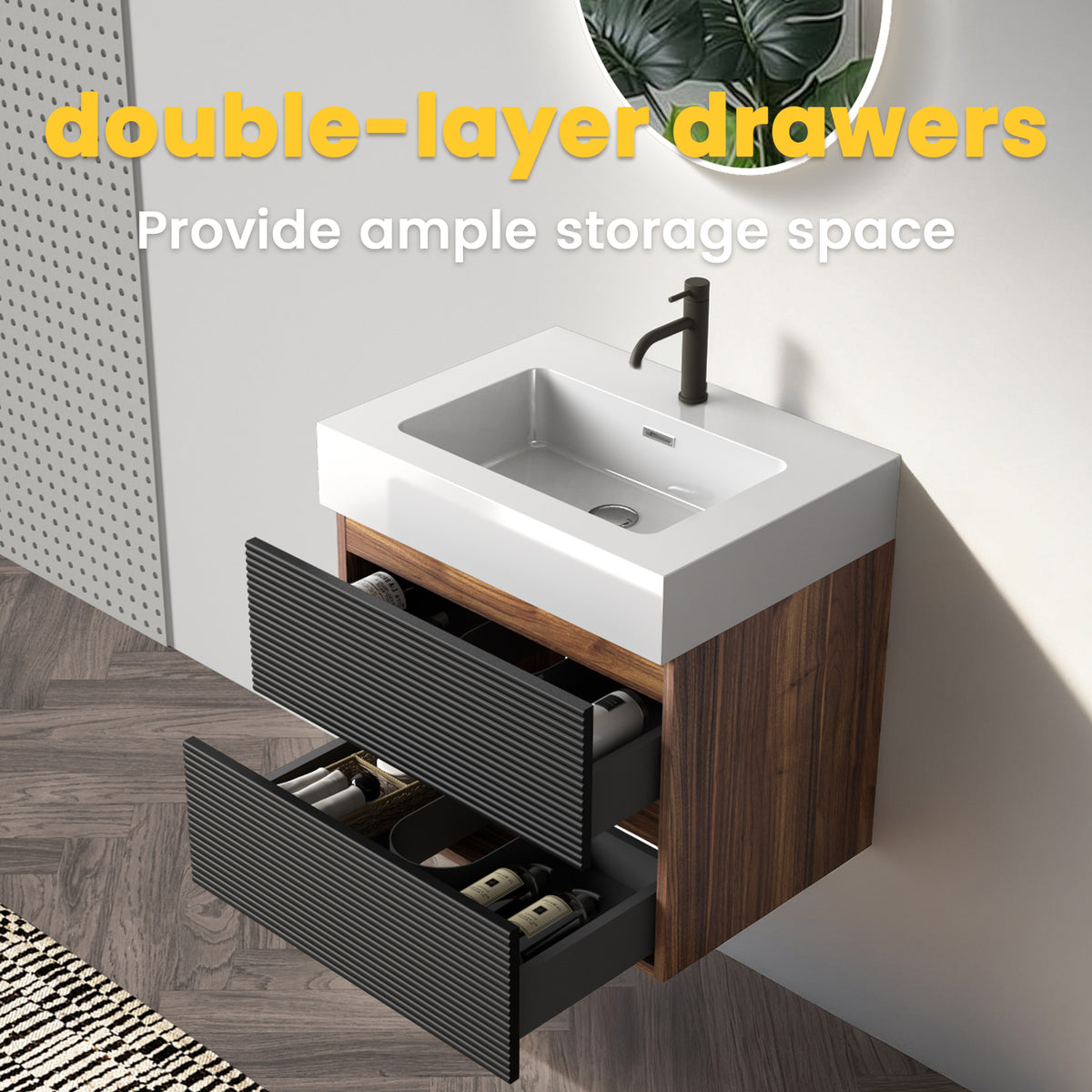Grace 24-Inch Wall-Mounted Bathroom Vanity with Solid Surface Sink, Walnut and Black