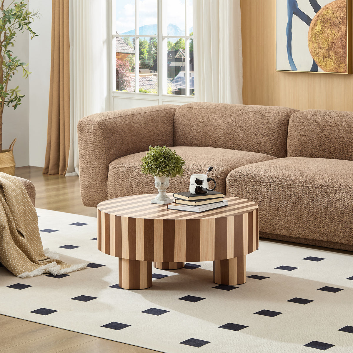 Round Wood Coffee Table, 31-Inch, Natural Walnut Striped