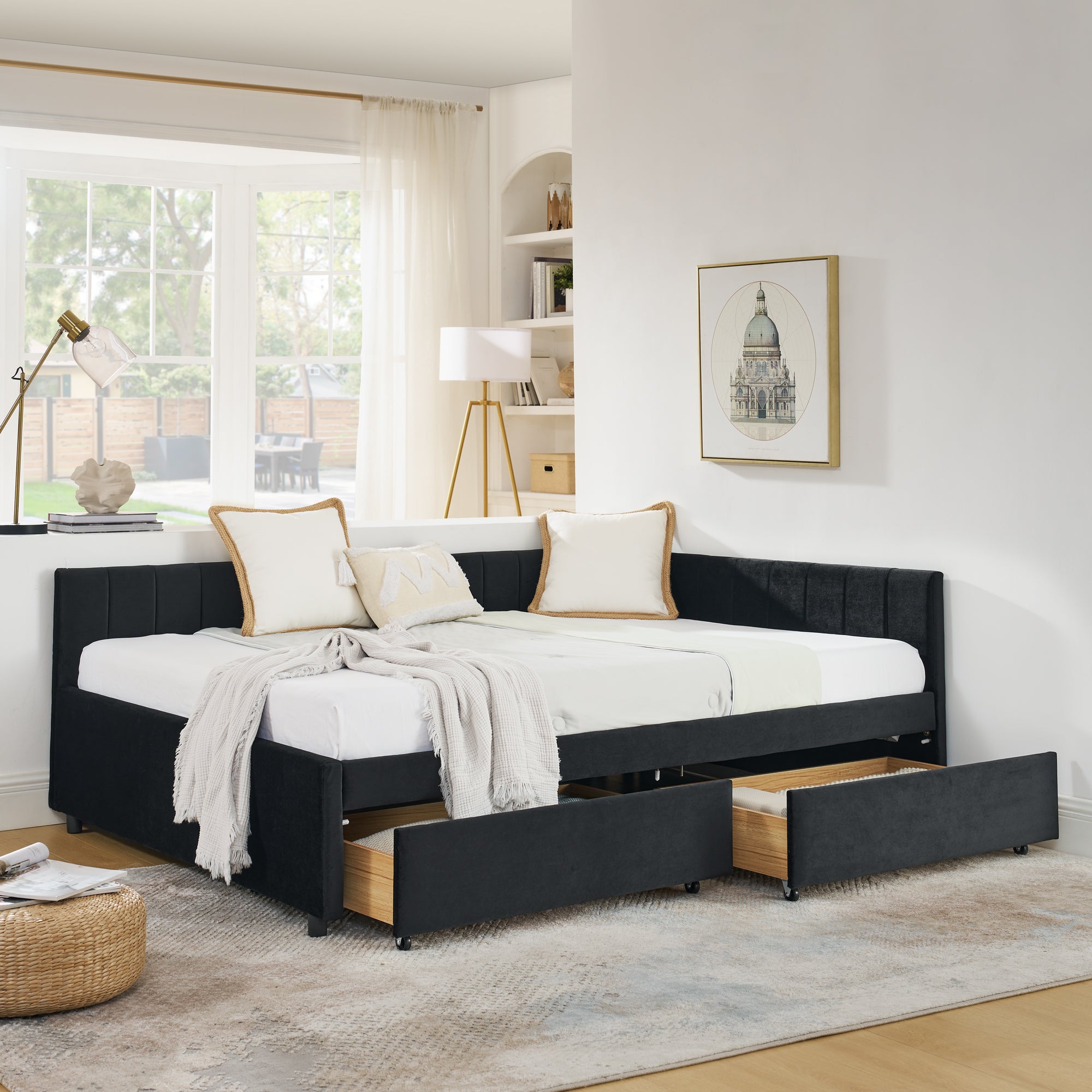 Full Size Upholstered Tufted Bed Frame with Two Drawers
