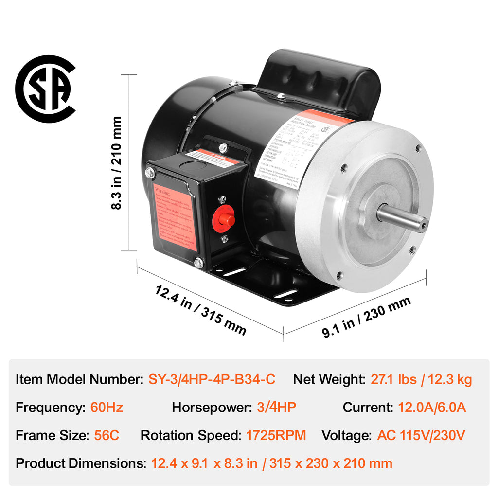 0.75HP Electric Motor 1725 RPM, AC 115V/230V
