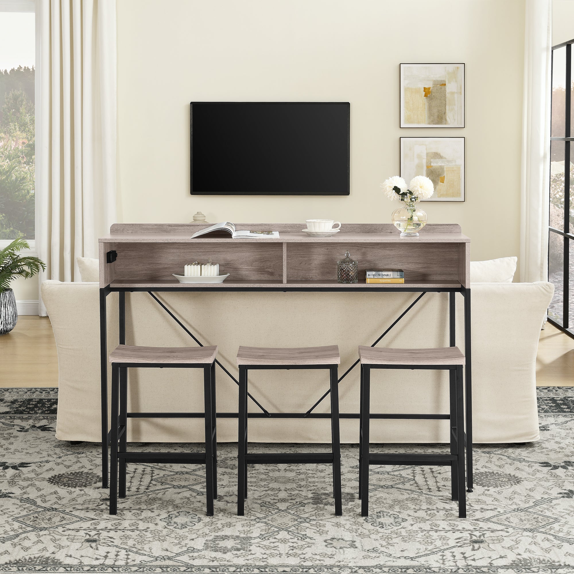 59 Inch Bar Table with Power Socket and LED Light Set