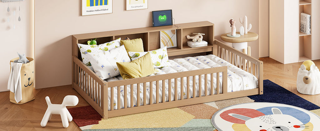Wood Twin XL Size Floor Bed with Storage Cabinets and USB Ports