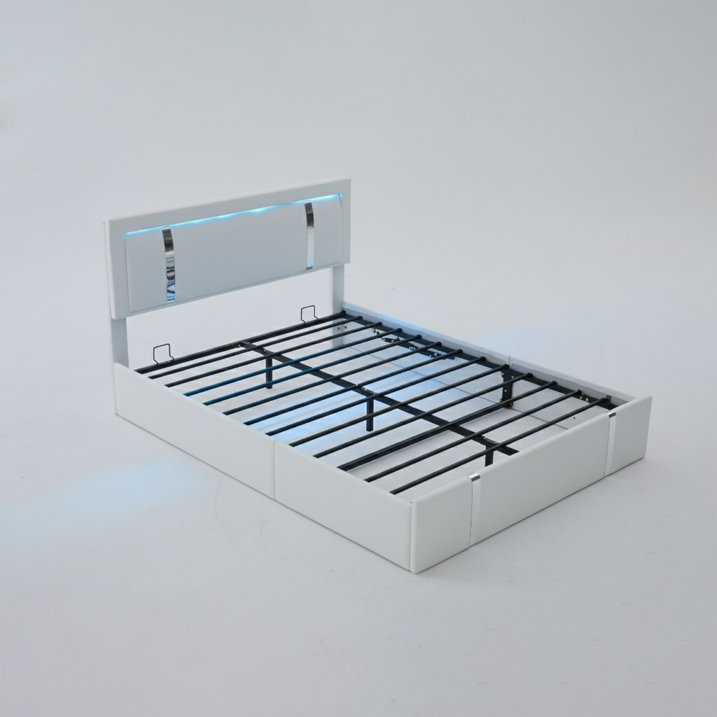 Queen Size Lift Up Storage Bed Frame with Adjustable LED Lights Headboard