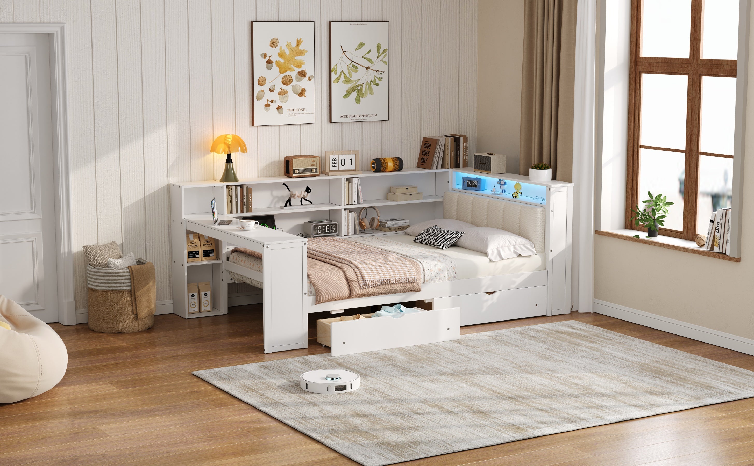 Wood Full Size Platform Bed with Storage Shelves and Charging Station