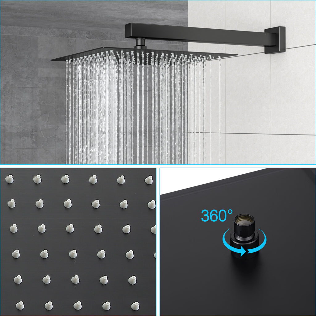 Dual Shower Head - 12 Inch Wall Mounted Square Shower System with Rough-in Valve, Matte