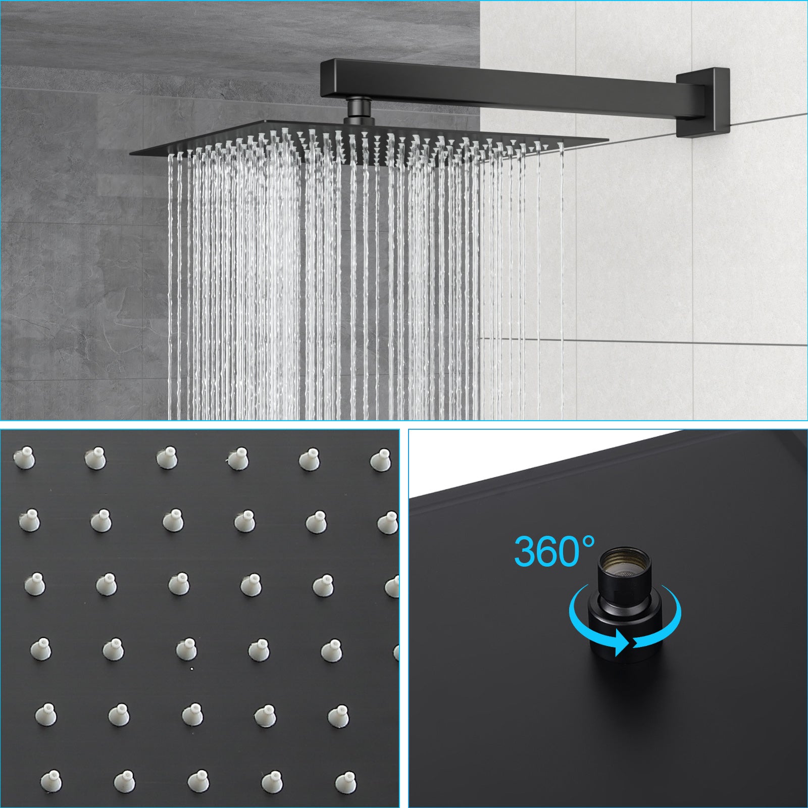 Dual Shower Head - 12 Inch Wall Mounted Square Shower System with Rough-in Valve, Matte