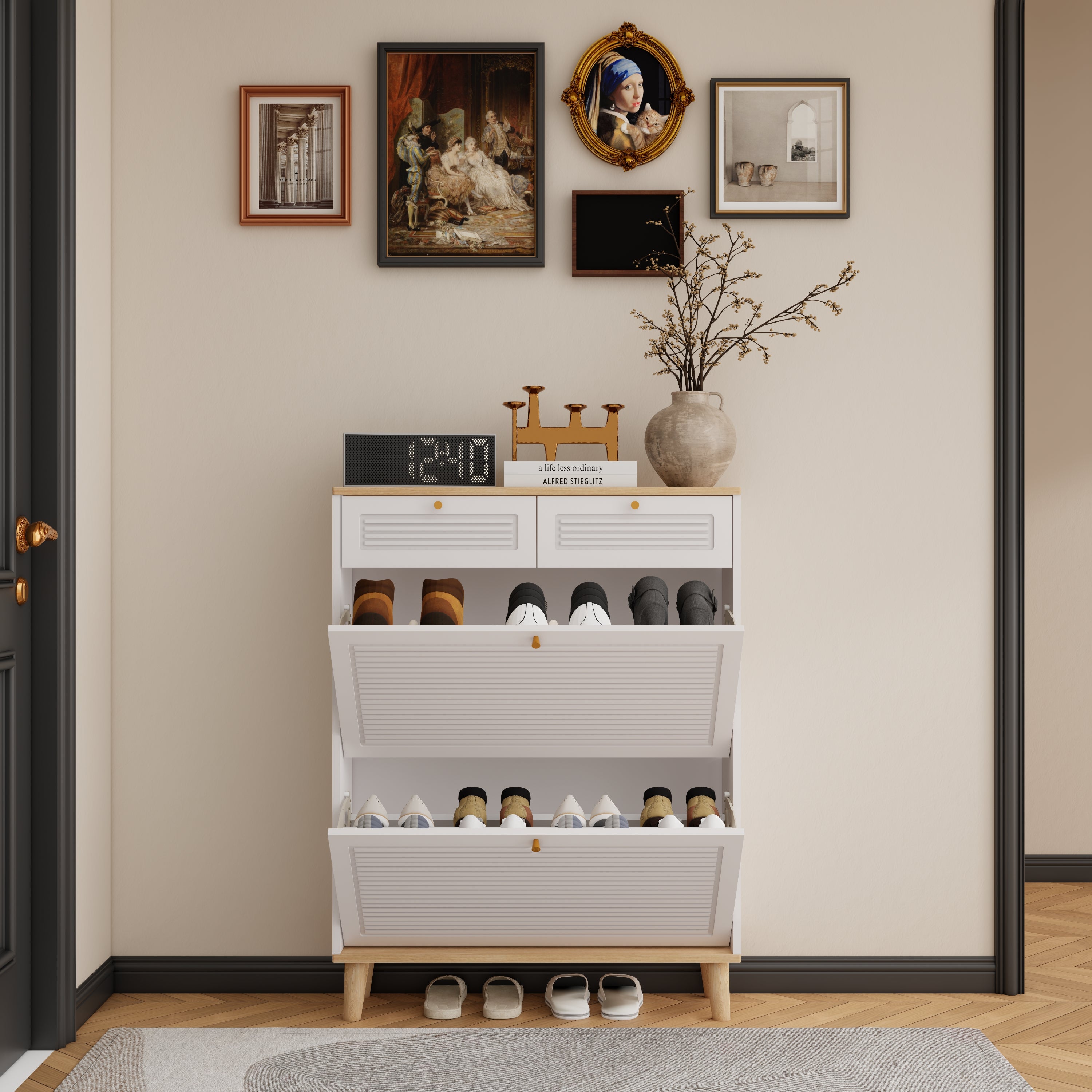 Shoe Cabinet with 2 Flip-Up Doors and Drawers