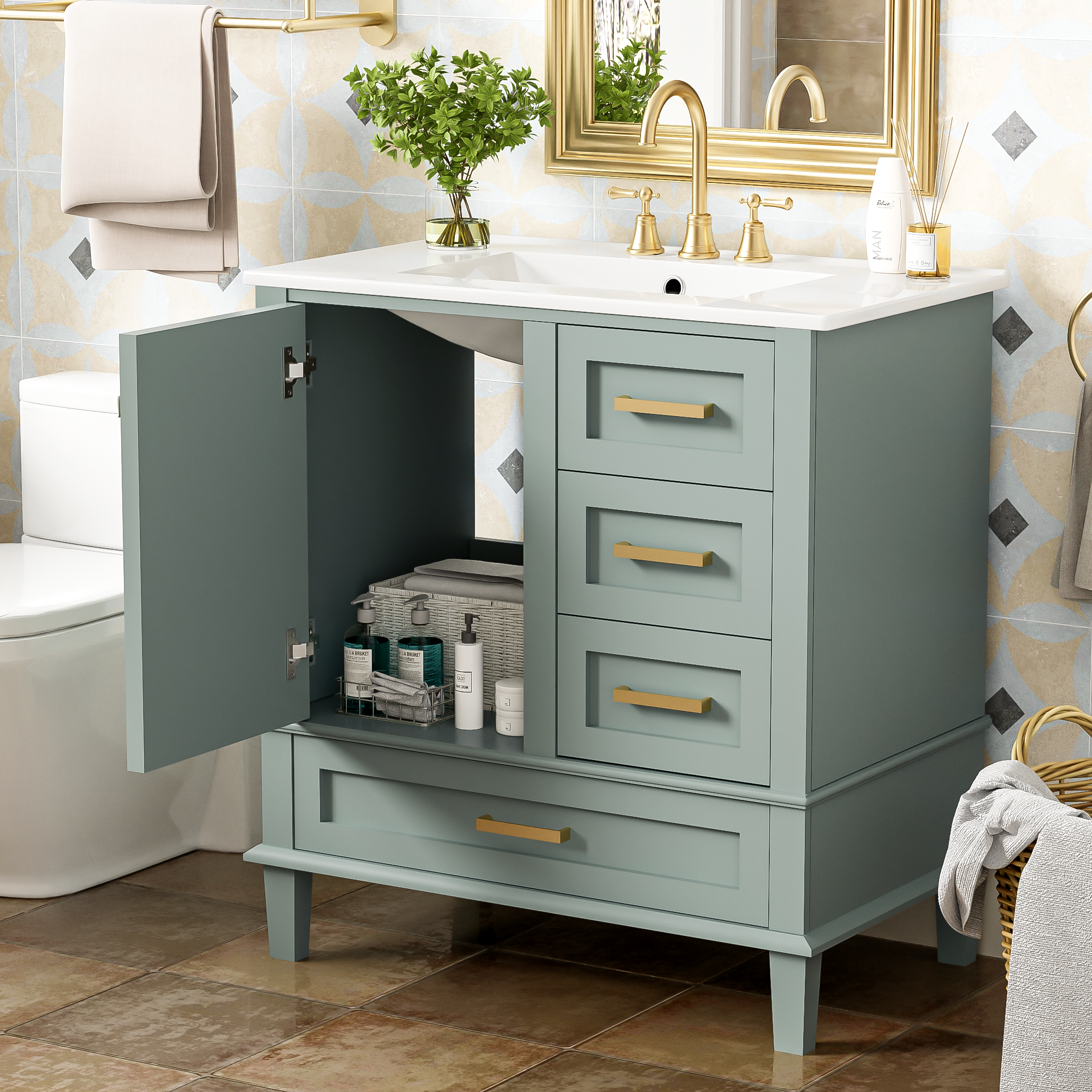 30" Bathroom Vanity in Green with Sink Combo Set