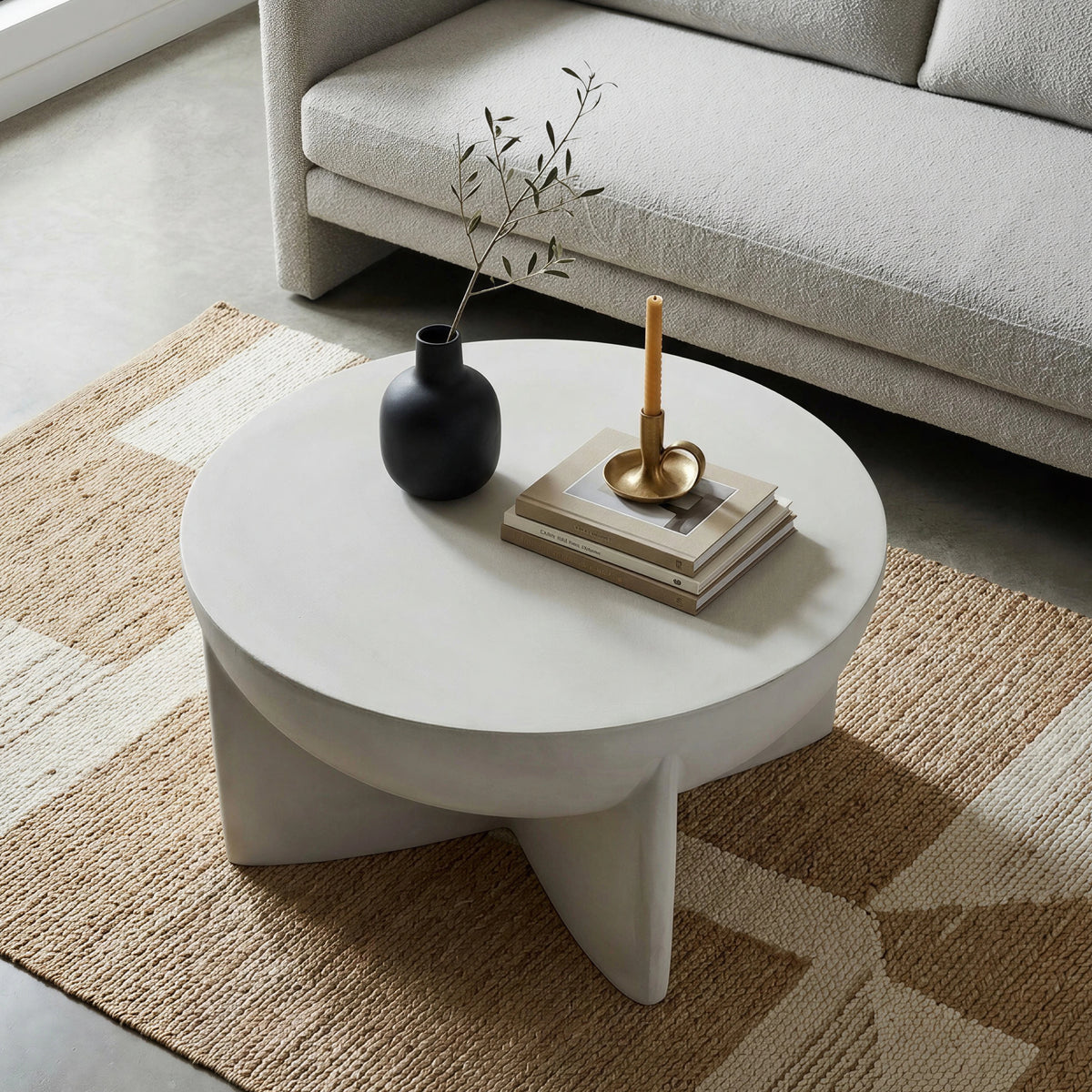 Matte White Distressed Round Coffee Table, Magnesium Oxide Sculptural Tripod Base
