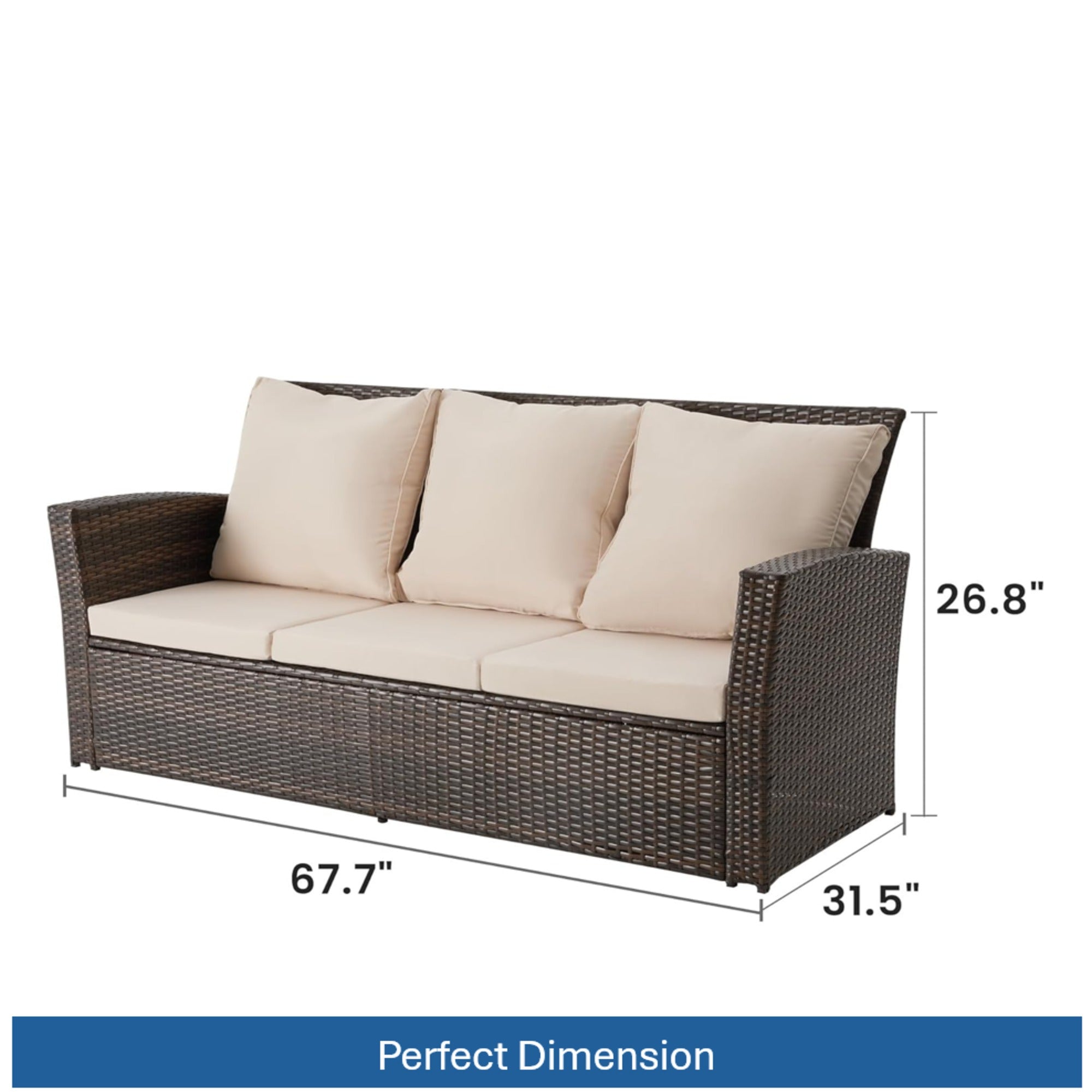 67.7" All-Weather Wicker 3-Seat Patio Sofa with Thick Beige Cushions