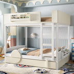 Full Bunk Bed with Trundle, White & Beige