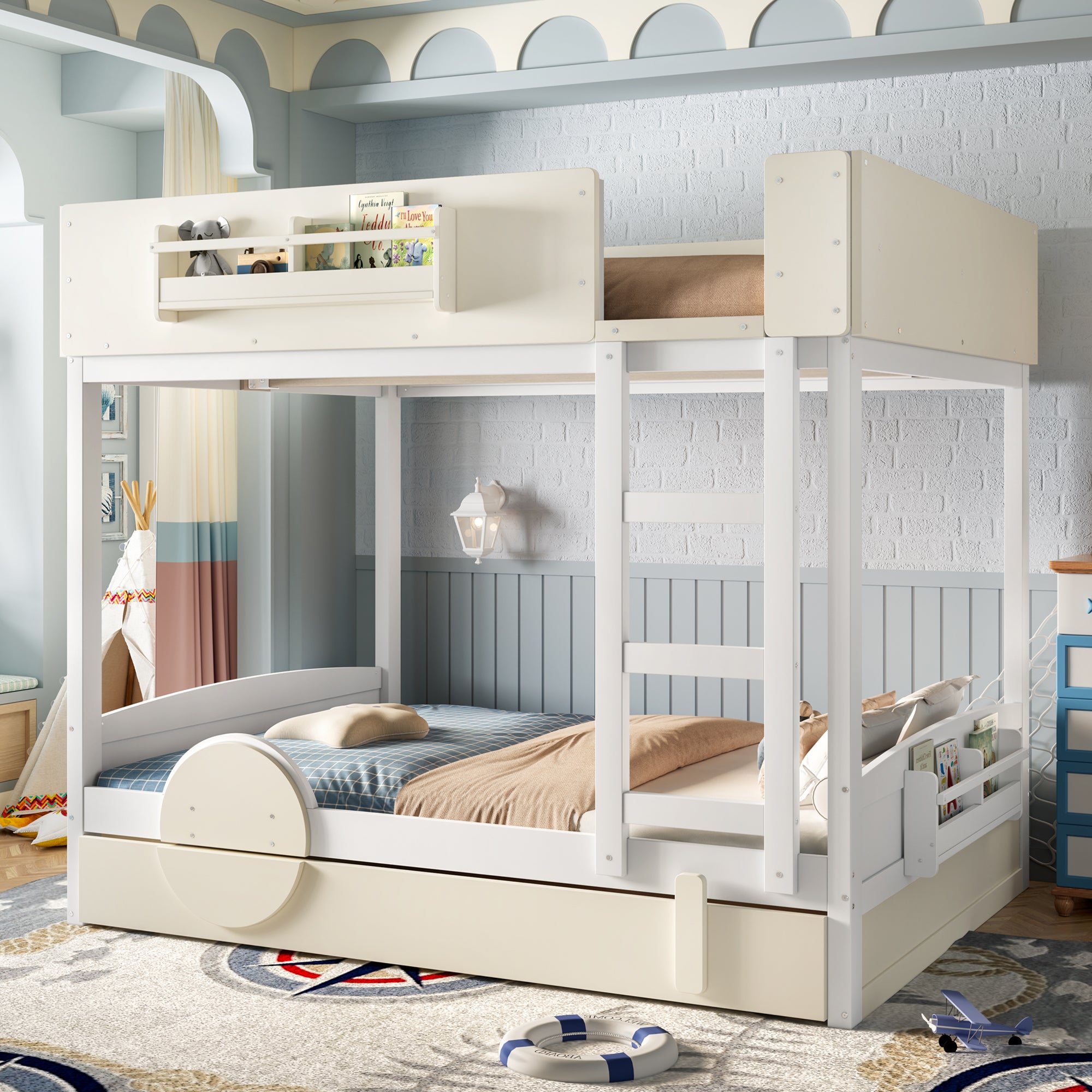 Full Bunk Bed with Trundle, White & Beige